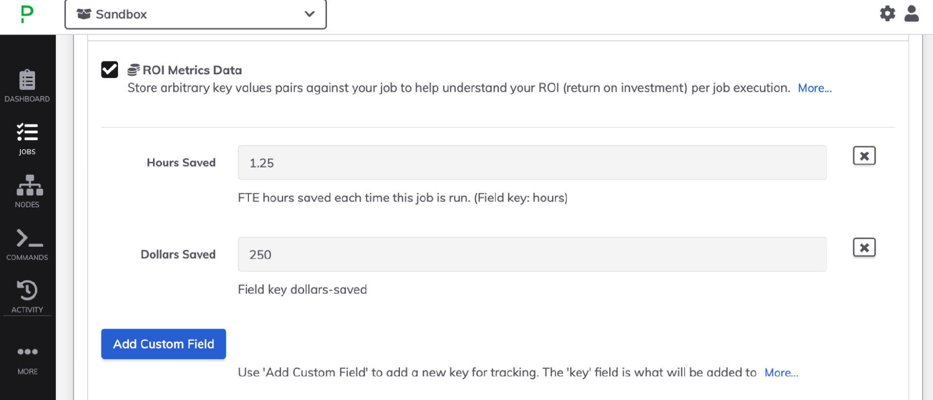 PagerDuty Process Automation 的屏幕截图显示了如何为 ROI 指标数据输入键值对。