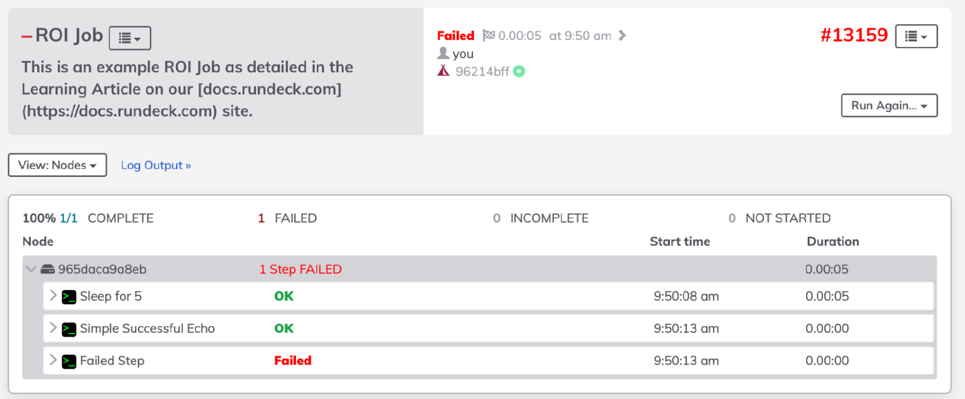 PagerDuty Process Automation 的屏幕截图显示了自动化运行的详细状态信息，包括 2 个已完成的步骤、1 个失败的步骤和总体失败状态。